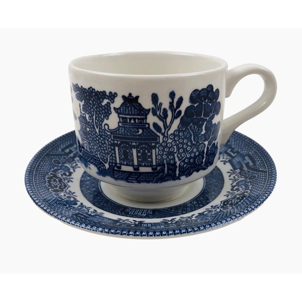 Vintage Churchill Blue Willow Tea Cup Saucer Set Staffordshire England